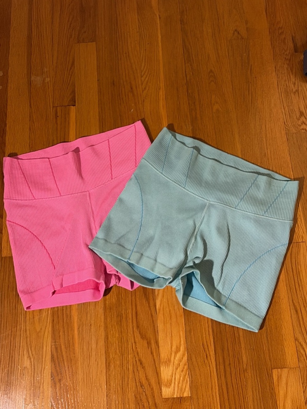 2 pairs of aerie Ribbed High-Waist Bike Shorts — Pink & Light Blue